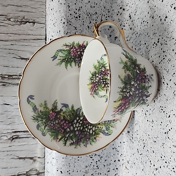 Antique Regency English Bone China Tea Cup and Saucer Tulips and Plaid Ribbon - Picture 2 of 6